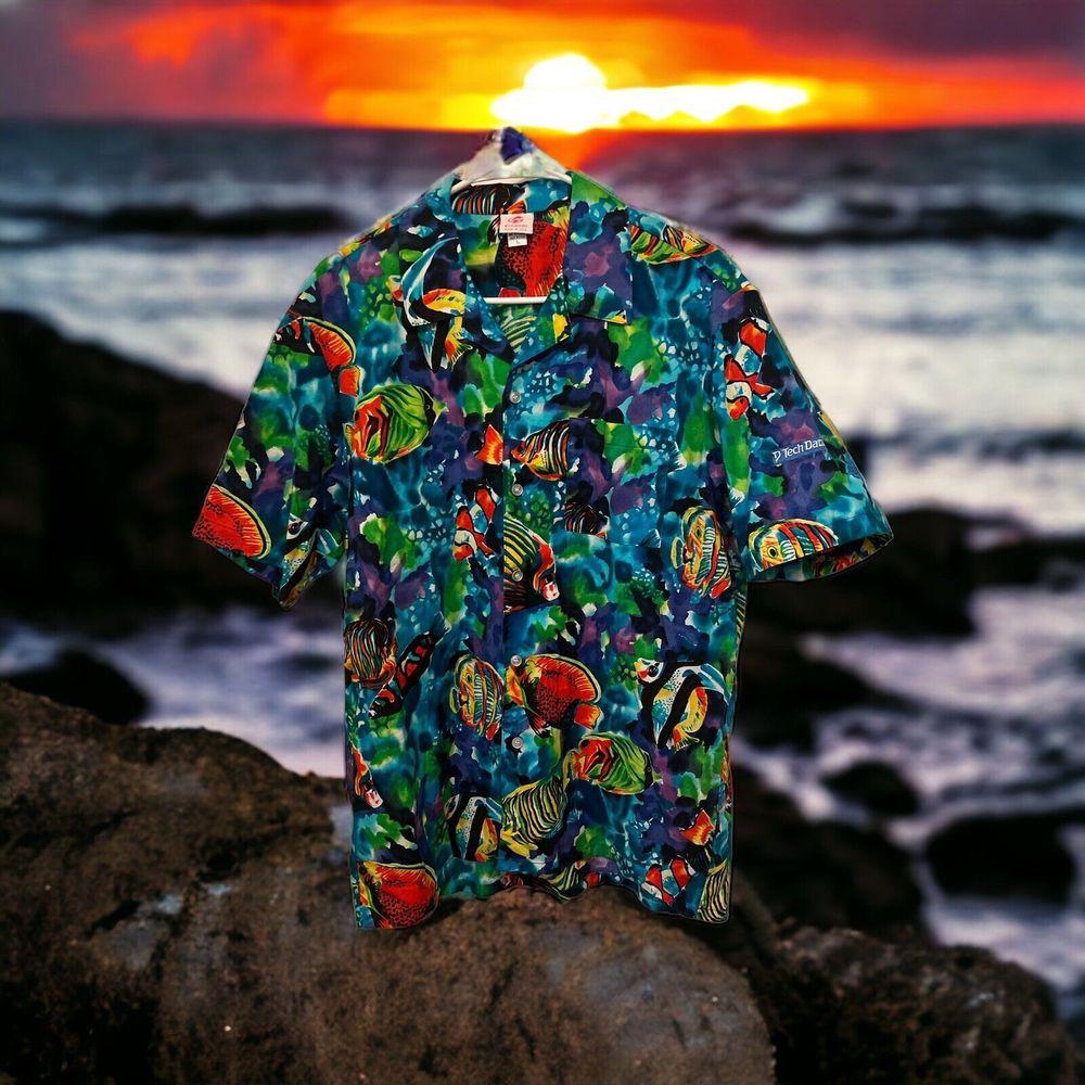 Vintage Hawaii Hawaiian Aloha Tropical Fish Print Shirt By Scorpio Size Large